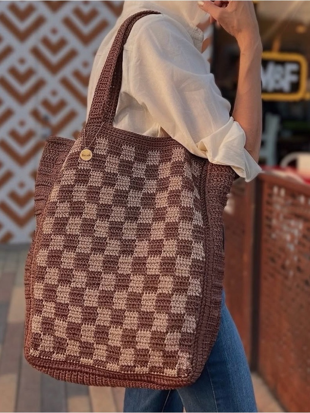 NWT The Sak Lanie Brown Checkered Crochet Market Tote Bag